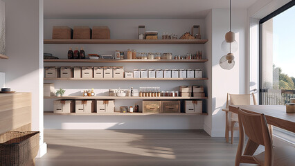 A pantry boasting a bright ambiance with its white interior and a large window that floods the space with natural light. Photorealistic illustration, Generative AI