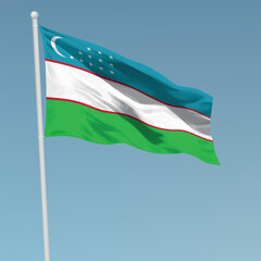 Waving flag of Uzbekistan on flagpole. Template for independence day