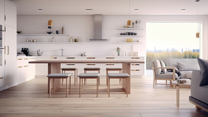 A bright and airy kitchen that features a white interior and wood furniture, creating an inviting ambiance. Photorealistic illustration, Generative AI