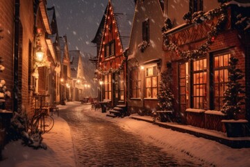 beautiful winter landscape with a small European town with a festive Christmas decorations, ai tools generated image