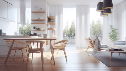 A bright white kitchen with wood finish accents, complemented by floor-to-ceiling windows that flood the space with natural light. Photorealistic illustration, Generative AI