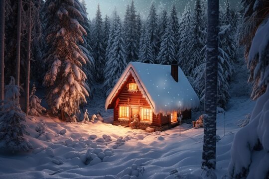 beautiful winter landscape with a small cozy house in Alps with a festive Christmas decorations, ai tools generated image