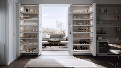 An all-white pantry seamlessly connecting to the adjacent living room while providing easy access to essentials and storage. Photorealistic illustration, Generative AI