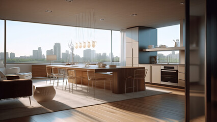 A kitchen flooded with natural light from the surrounding windows, creating a bright and inviting atmosphere. Photorealistic illustration, Generative AI