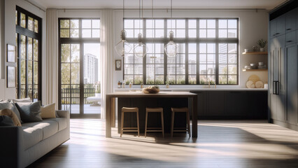 A bright kitchen that offers seamless access to a deck, allowing for a seamless indoor-outdoor flow. Photorealistic illustration, Generative AI