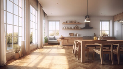 Fototapeta premium A cozy and bright kitchen with its white brick interior, complemented by the wood furniture, creating a welcoming and inviting space. Photorealistic illustration, Generative AI