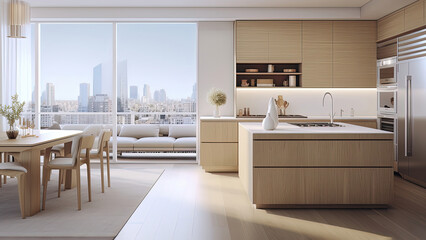 A sunlit kitchen with its access to a balcony that invites fresh air and scenic views into the space, featuring a white interior with wood furniture. Photorealistic illustration, Generative AI