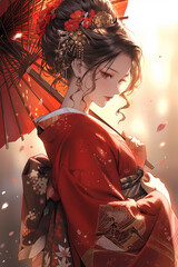 Fototapeta na wymiar Generative ai. Geisha in kimono with umbrella spring flowers