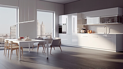 A sunlit and spacious kitchen with a gray interior complemented by the white furniture, creating an atmosphere of sophistication. Photorealistic illustration, Generative AI