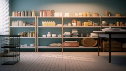 A sunlit pantry with shades that filter the natural light, that offers storage space, allowing for a well-organized and functional pantry. Photorealistic illustration, Generative AI