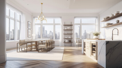 A sunlit kitchen offering a refreshing ambiance with its all-white interior, complemented by the warmth of the wood furniture in the dining area. Photorealistic illustration, Generative AI