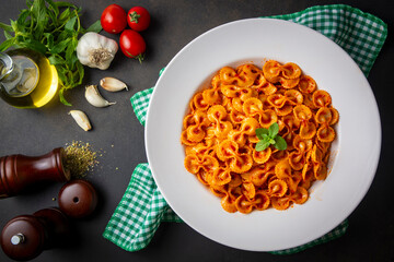 Farfalle pasta with tomato sauce, bow tie pasta tomatoes sauce (Turkish name; domatesli kelebek makarna)
