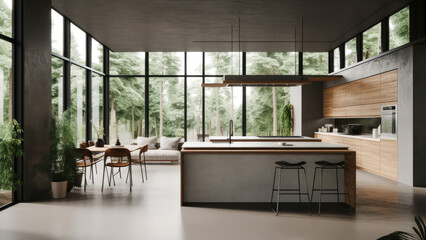 A bright kitchen with concrete walls and wood finish built-ins, combining modernity with natural accents. Photorealistic illustration, Generative AI