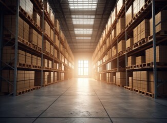 Fototapeta premium Rows of shelves with boxes. Interior of warehouse. created with Generative AI technology