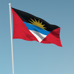 Waving flag of Antigua and Barbuda on flagpole. Template for independence day