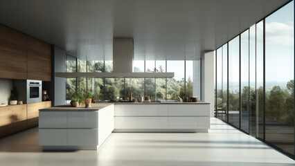 An airy kitchen featuring abundant natural light from surrounding windows, boasting a white interior with wood finish built-ins for an inviting atmosphere. Photorealistic illustration, Generative AI