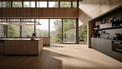 A sunlit kitchen with an all-wood interior and black built-ins, creating a harmonious and stylish space. Photorealistic illustration, Generative AI