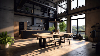 A spacious loft kitchen boasting large windows, concrete walls and floor, complemented by black built-ins, and furnished with a wooden table and chairs. Photorealistic illustration, Generative AI