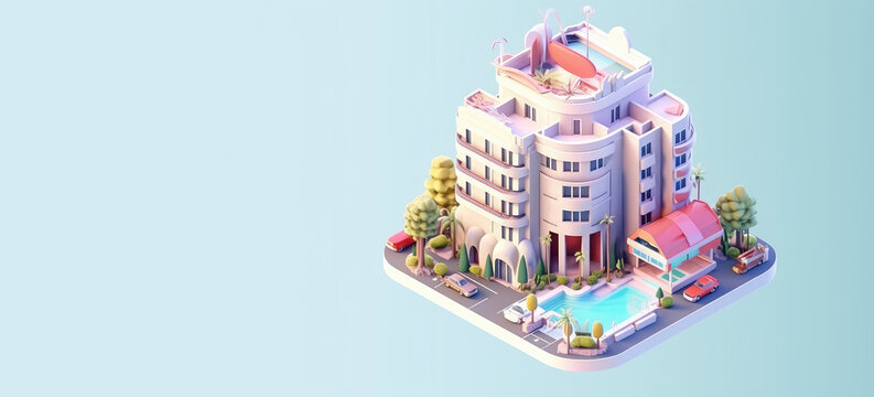 Isometric icon of tourist hotel with swimming pool isolated on light blue background. Banner template with copy space. Generative AI 3d render illustration imitation.