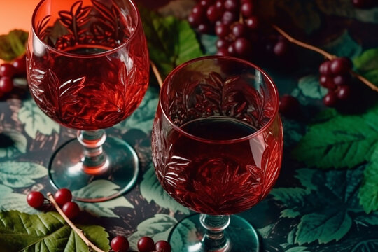Two red glasses of red wine with berries and leaves on a green background.
