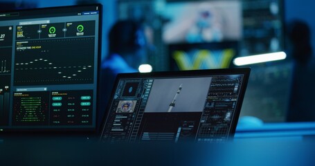 Successful space rocket launch for crewed mission displayed on digital tablet and PC monitor. Team of flight control employees monitor space mission on computer and big screen in command center.