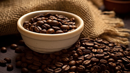 Fototapeta premium Closeup of cappuccino coffee cup with coffee beans