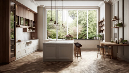 A sunlit kitchen with the white interior, complemented by wood finish built-ins, creating an inviting space. Photorealistic illustration, Generative AI
