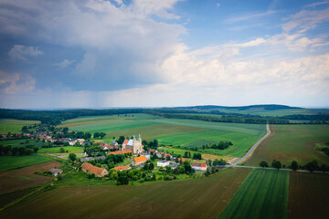 Bobolice, aerial view of polish village and sanctuary of Lady of Bobolica, Lower Silesian landscape. Drone view of beautiful, countryside landscape with church.