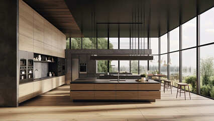 A kitchen filled with natural light and adorned with wood finish built-ins and stainless steel appliances, achieving a blend of warmth and modernity. Photorealistic illustration, Generative AI
