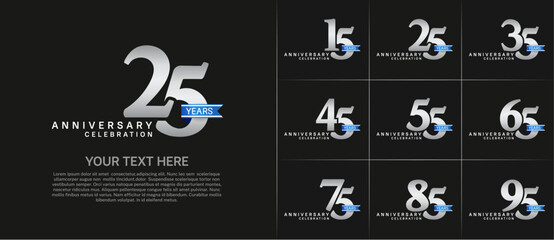 set of anniversary logo with silver number and blue ribbon can be use for celebration