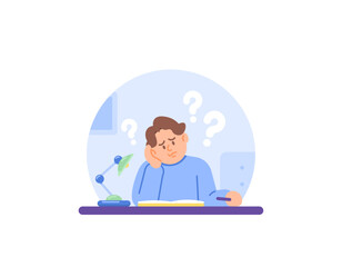 Illustration of a man confused and wondering. leaned his head against into hand. Supporting the head with hand. difficulty thinking. think of an idea, solution, or answer. Questions and problems