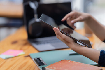 Beautiful hand working with laptop in the office.