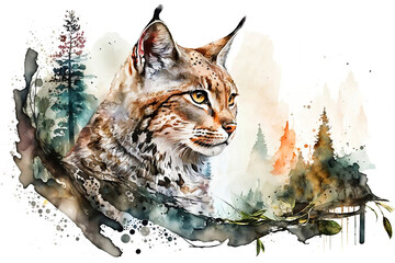 The red lynx or bobcat and the forest, watercolor illustration generative AI - obrazy, fototapety, plakaty