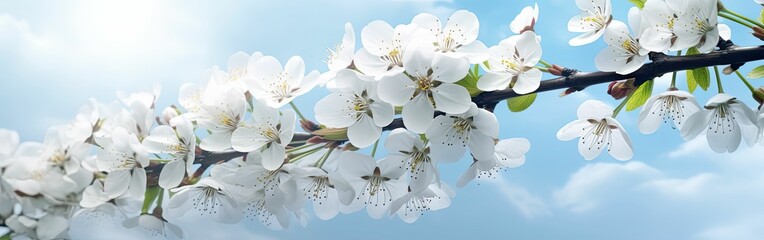 branches of blossoming cherry against blue sky. Copy space
