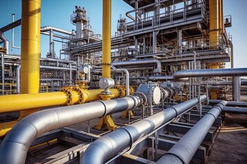 Oil and gas processing plant with pipeline fittings. Created by Generative Ai technology.