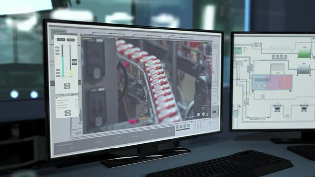 Tech interface controls the industrial lines at the plant. Industrial control tech interface observes food production process. Industrial control tech interface monitoring the products on a conveyor.