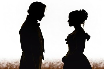 Silhouette profile portrait of victorian woman and man facing each other. Young couple eye to eye in historical clothing illustration generative ai - obrazy, fototapety, plakaty
