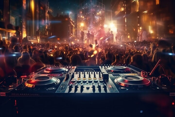 Photo of a DJ performing live in front of a hyped crowd