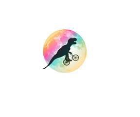 Dinosaur T-Rex riding a bicycle in front of moon