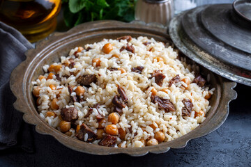 Traditional Turkish food; Roasted meat on rice (Turkish name; pilav üstü kavurma, kurban kavurma, nohutlu etli pilav)