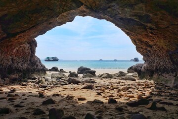Stone cave  with beach sea island in Thailand, blue sky,  summer, ocean, landscape, beautiful, sunrise, seascape, wallpaper, relax 
