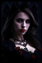 Fototapeta na wymiar Portrait of an attractive vampire woman on a black background. Cover for a vampire novel. Vertical Generative AI illustration.