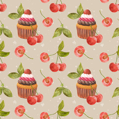 Seamless pattern with cupcake and cherries. Watercolor Cherry Berries and Chocolate Cream Cake. Dessert. The illustration is hand drawn.