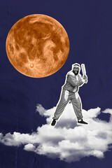 Vertical artwork collage of mini black white gamma guy hold baseball bat big full moon stand clouds sky isolated on painted background