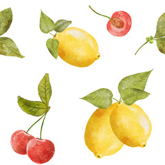 Seamless lemon cherry pattern. Watercolor illustration of cherry and lemon fruits and berries with leaves. Summer bright design.