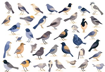 Fototapeta na wymiar Generative AI Collection of Birds Pictured on White