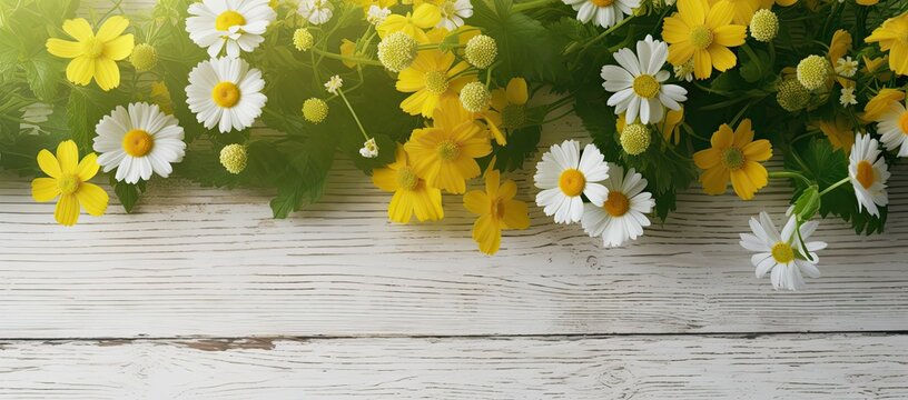 yellow spring flowers are laid out on a wooden background. Top view