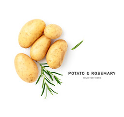 Raw new potatoes and rosemary creative layout isolated on white background.