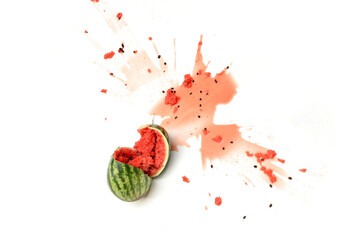 The watermelon was broken into two pieces and isolated on white background.