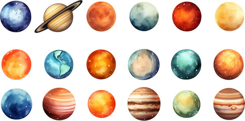 planets set in the style of photo-realistic compositions, rtx on, realistic watercolor paintings, lightbox, saturno butto, transcendent © EnelEva